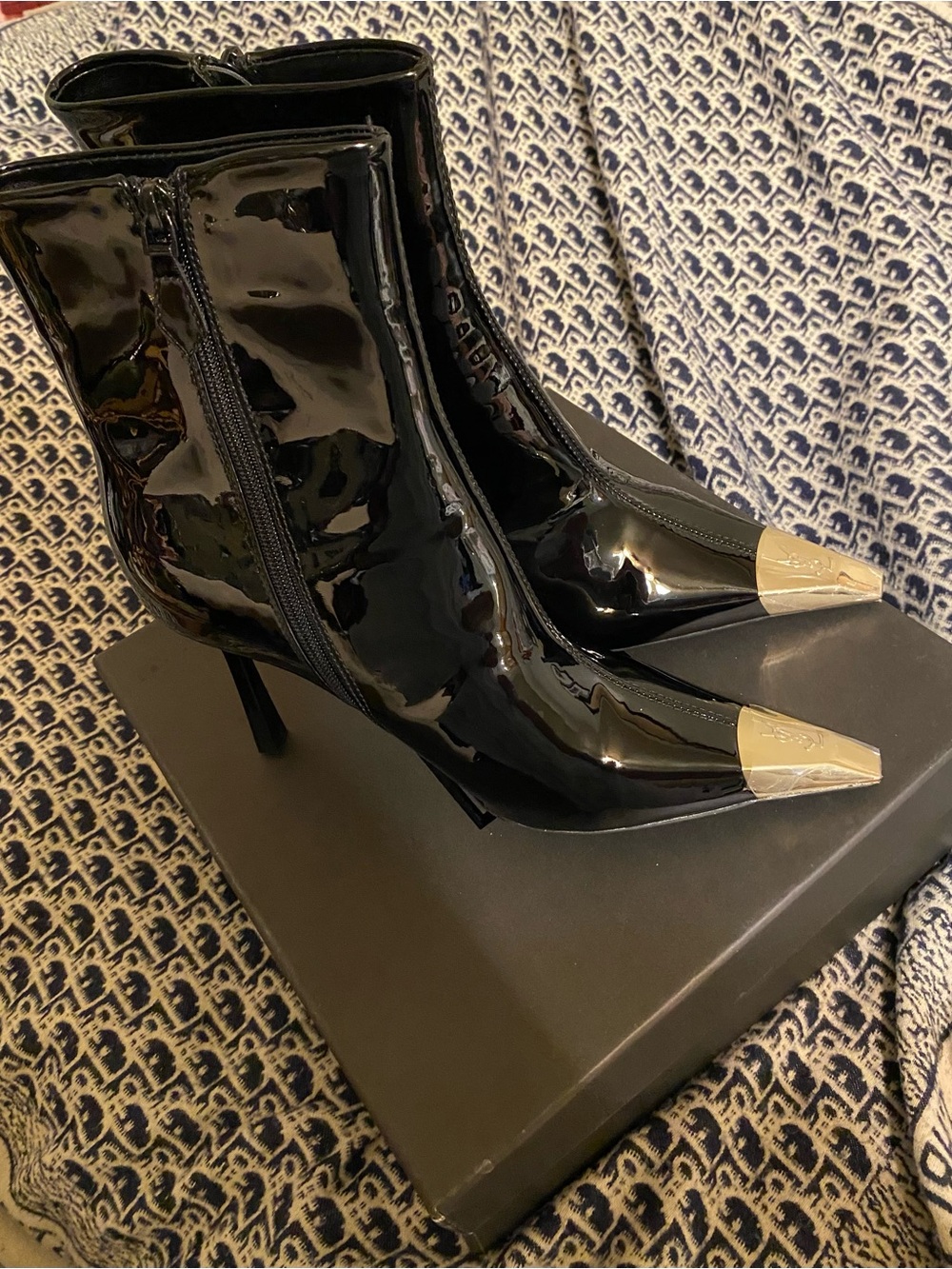 Black Patent Inspired Pointed-Toe Ankle Boots with Silver Cap